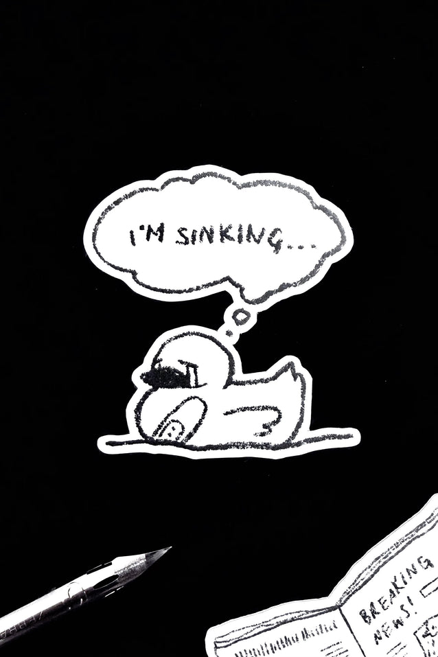 Cartoon duck with a sinking thought bubble and pen nib and newspaper sticker on a black background