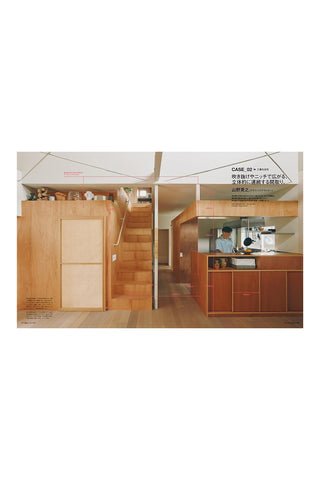 A wide interior architectural photograph showing a compact wooden loft kitchen and staircase area with Japanese text printed in the upper right corner.