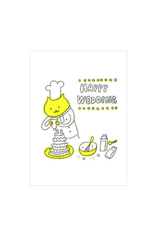 Illustration of a cat in a chef's outfit decorating a wedding cake with 'Happy Wedding' text.