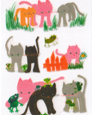 Cats and frogs sticker sheet close-up with cats, frogs, and grass details