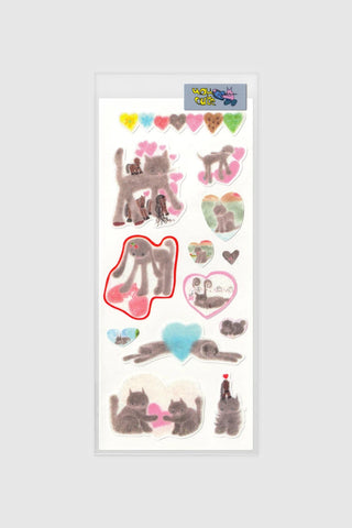 Cat and heart sticker sheet with assorted cat silhouettes and heart shapes