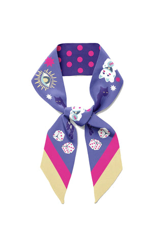 Colorful scarf with polka dots, good luck cats, and die on a white background