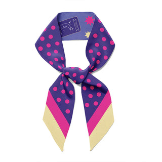 Purple scarf with pink polka dots and yellow accents on a white background
