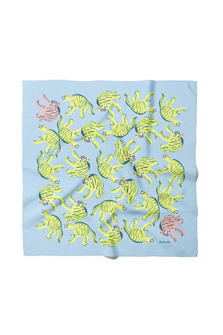 Light blue cotton silk bandana with colorful tiger pattern