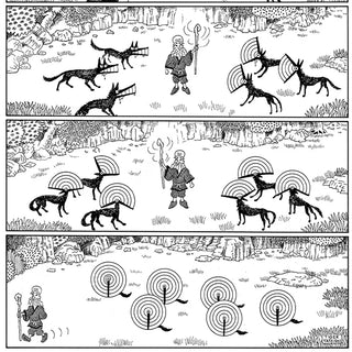 Black and white comic strip with a character and animals in a landscape