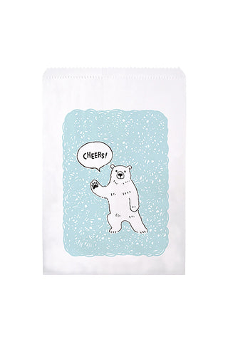 Bag design with a polar bear waving on a light blue background