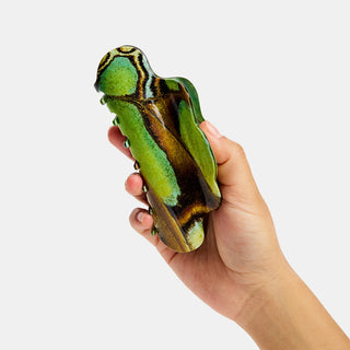 Hand holding a green and brown claw hair clip against a white background
