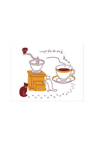 Illustration of a coffee grinder, cup with coffee, and cat on a white background.
