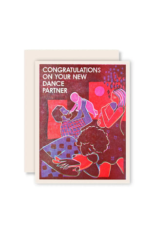 Greeting card with illustration of people dancing and text 'Congratulations on your new dance partner' on a white background.