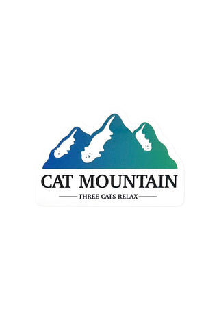 Logo of 'Cat Mountain' with stylized mountains and floating cats on a white background