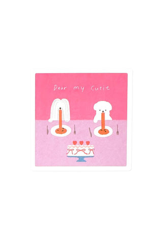 Card with cartoon dogs with spaghetti and cake on a pink background