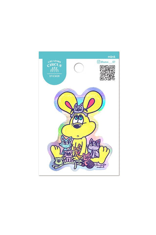 Colorful sticker with cartoon character mouse with multiple cats on a white background
