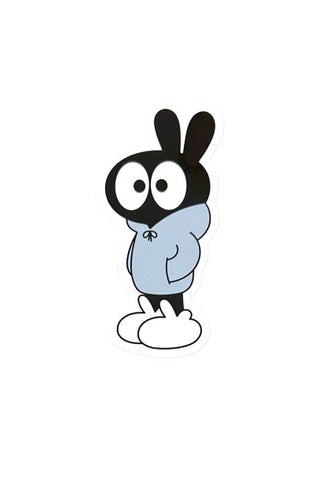 Cartoon character sticker of a bunny wearing a grey hoodie with bunny slippers