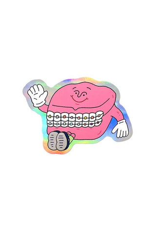 Colorful sticker of a mouth with braces on a white background