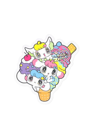 Cartoon ice cream cone with colorful characters on a white background