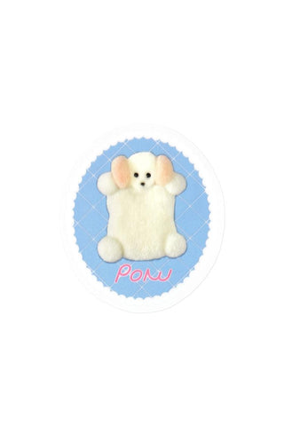 Sticker of a white dog with pink accents on a blue circle, featuring the branding 'Ponu'.