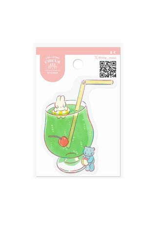 Sticker of a melon soda with a straw and small animal characters on a white background