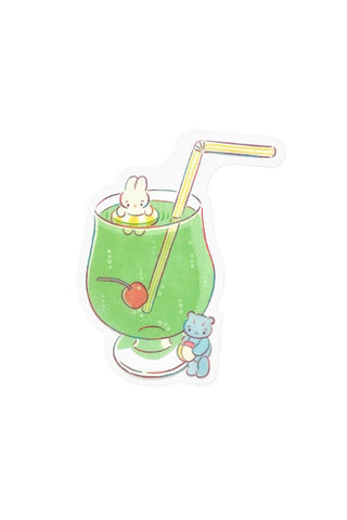 Sticker of a melon soda with a straw and small animal characters on a white background