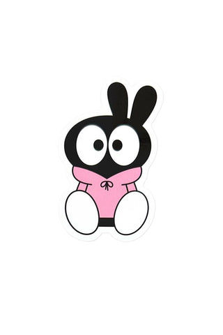 Cartoon character sticker of a bunny wearing a pink hoodie and sitting down
