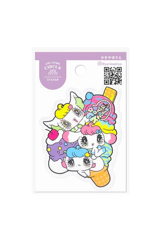 Colorful cartoon characters in an ice cream cone on a white card with purple border