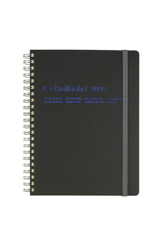 Black spiral-bound notebook with blue text on a white background