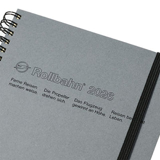 Close up of Grey Rollbahn 2026 planner with black details