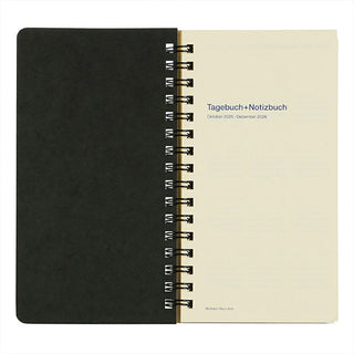 Opened notebook planner with spiral binding on a white background