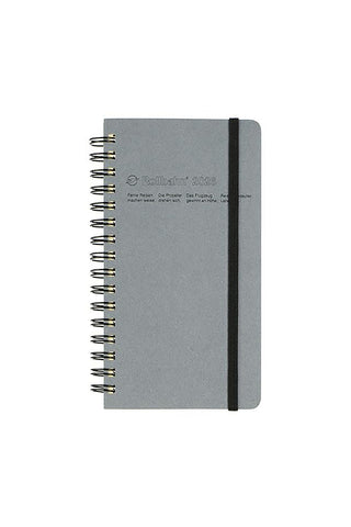 Gray notebook with black binding on a white background