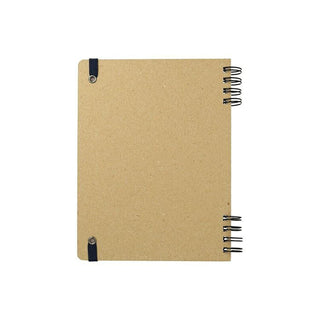 Brown kraft paper notebook with metal spiral binding on a white background