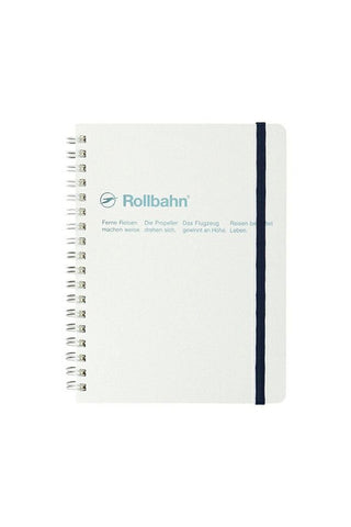 White spiral-bound notebook with 'Rollbahn' branding on a white background