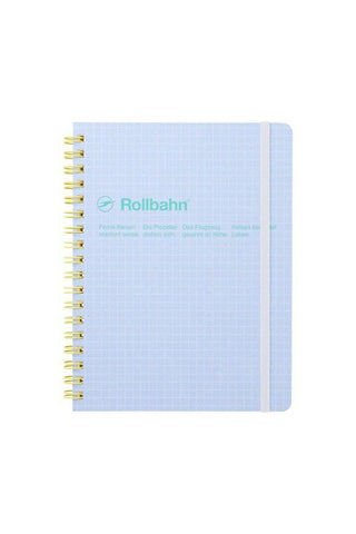 Light blue notebook with yellow spiral binding on a white background