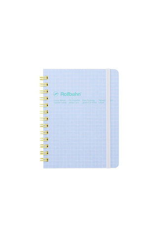 Light blue notebook with yellow spiral binding on a white background