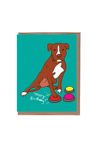 Greeting card with a brown dog illustration and colorful button pads on a teal background with text "Happy Birthday!"