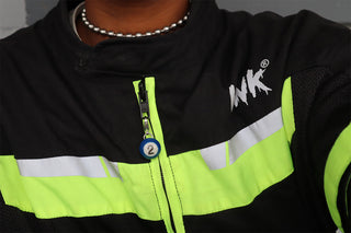 Black jacket with reflective green and white accents and a mini blue pool charm number 2 on zipper