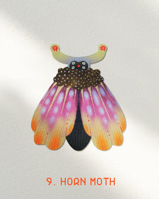 Colorful illustration of a horn moth on a white background with '9. Horn Moth' text.