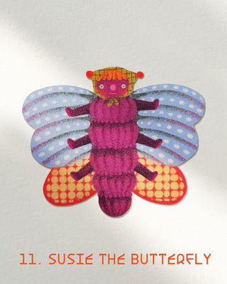 Colorful butterfly-shaped sticker with a checkered hat on a white background, labeled 'Susie the Butterfly'.