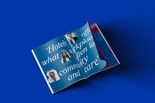 Open magazine on a blue background with text and images of people.