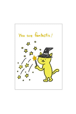 Card with a yellow cat in a magician's hat and stars, featuring the text 'You are fantastic!'.