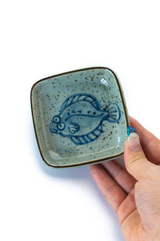 Hand holding a ceramic dish with a fish design on a white background