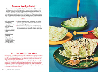Sesame wedge salad recipe with plates of salad and dressing on a blue background