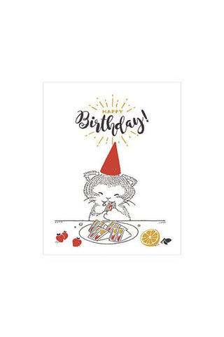 Birthday card with a cartoon cat eating a cake and 'Happy Birthday!' text.
