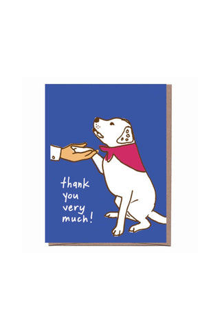 Thank-you greeting card with white dog waving on blue background, text: thank you very much!
