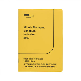 A yellow Minute Manager planner for 2027 notebook cover on a plain white background with black text 