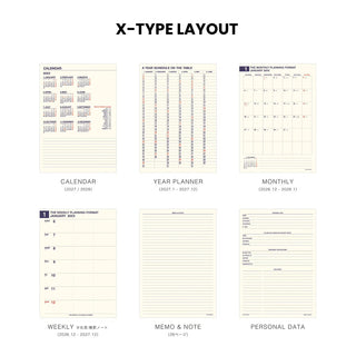 A product layout sheet showing six planner page designs under the heading 'X-TYPE LAYOUT'. The pages include calendar, year planner, monthly, weekly, memo & note, and personal data pages