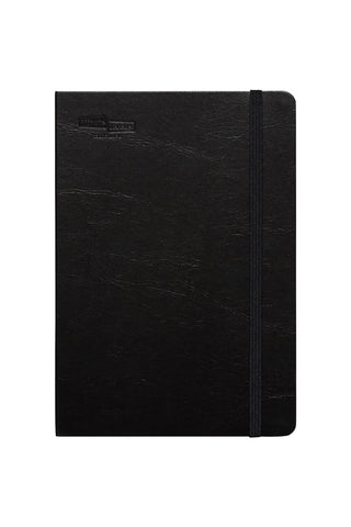 A black textured hardcover planner with an elastic closure band, shown against a plain white background.
