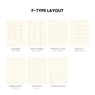 A product layout showing an F-type planner layout with seven types of pages: calendar, year planner, monthly to do, monthly, memo & note, grid note, and personal data, arranged on a white background under the heading 'F-TYPE LAYOUT'.
