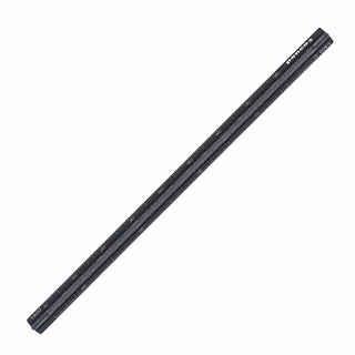 Black aluminum metric drafting scale with white measurement markings