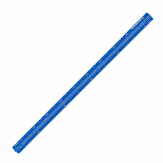 Blue aluminum metric drafting scale with white measurement markings