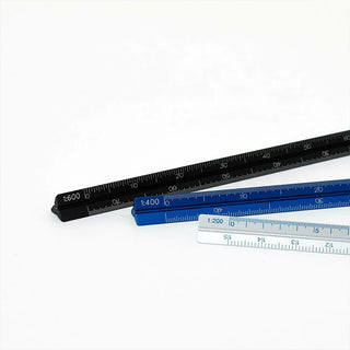 Colored aluminum metric drafting scales with visible ends and scale markings