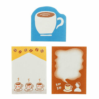 Set of three coffee-themed notepad sheets with illustrations on a white background